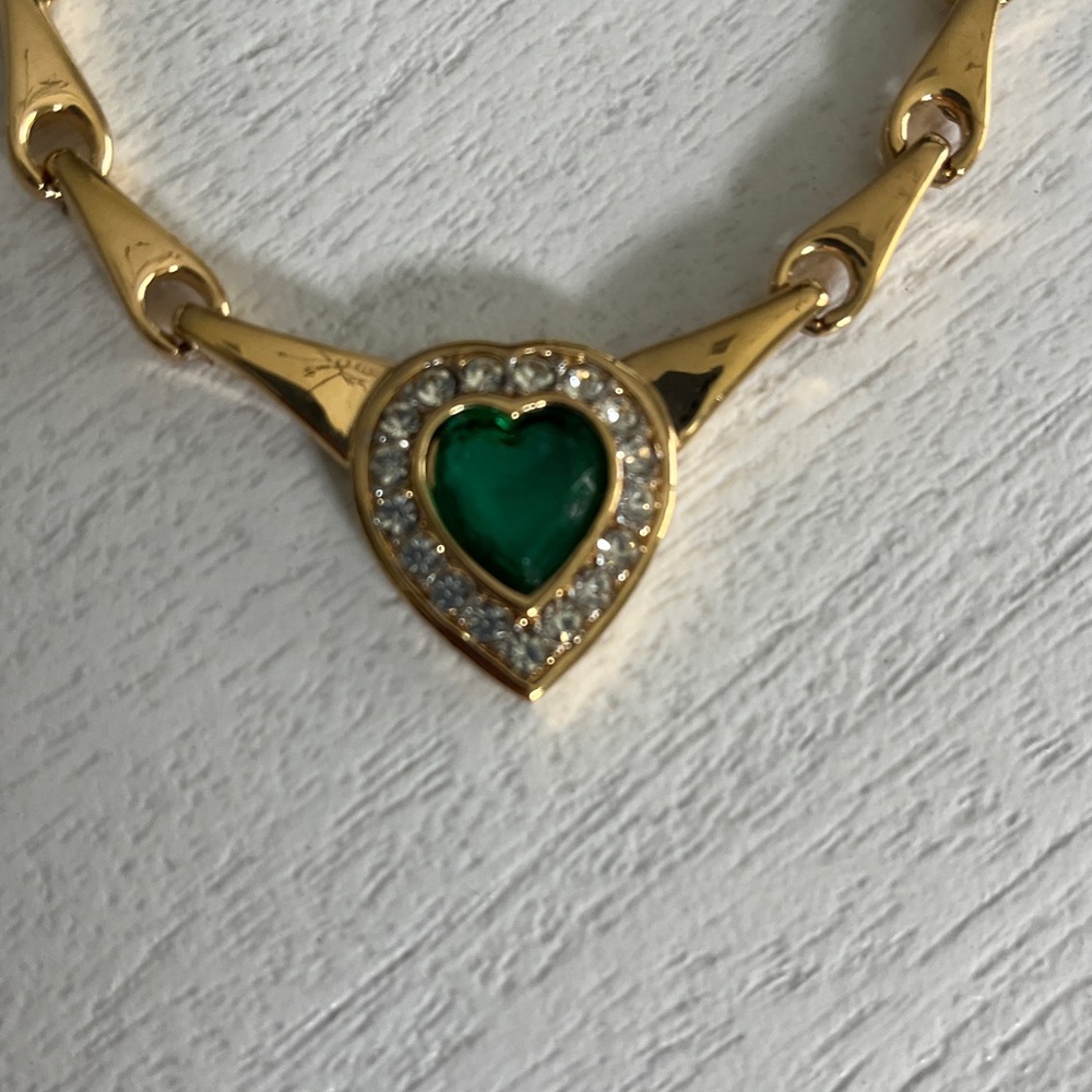 Gold Heart Pendant Necklace with emerald  green stone